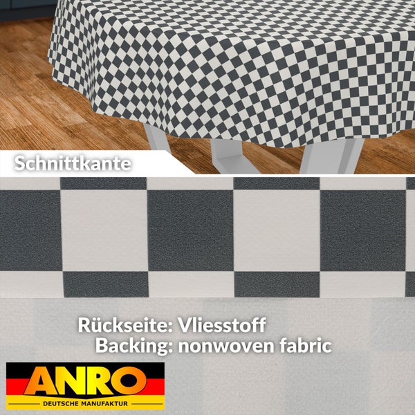 Abwaschbare Tischdecke mit Karomuster, Darstellung der Schnittkante, Materialstruktur und Vliesstoff-Rückseite. ANRO Logo.