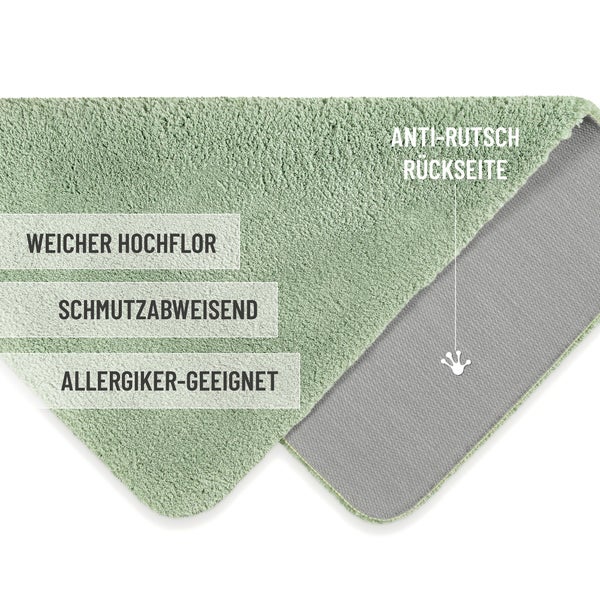 Badteppich mit weichem Hochflor, schmutzabweisender Oberfläche, für Allergiker geeignet und mit einer rutschhemmenden Rückseite.