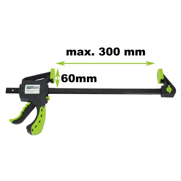 Einhandzwinge mit einer maximalen Spannweite von 300 Millimeter und einer Ausladung von 60 Millimeter.