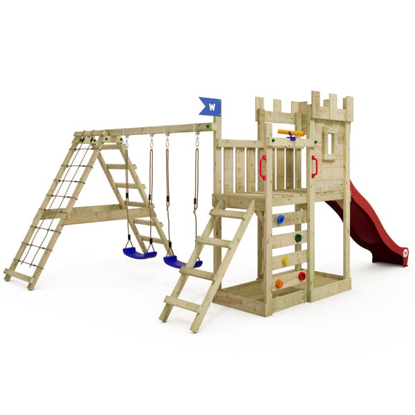 WICKEY Spielturm GateFlyer mit Kletteranbau, Doppelschaukel und Rutsche - rot