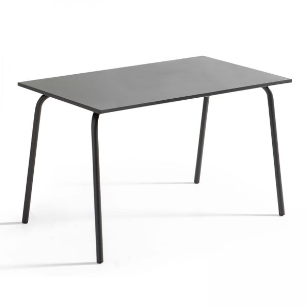 Rechteckiger Metalltisch in Anthrazit mit Rohrbeinen.
