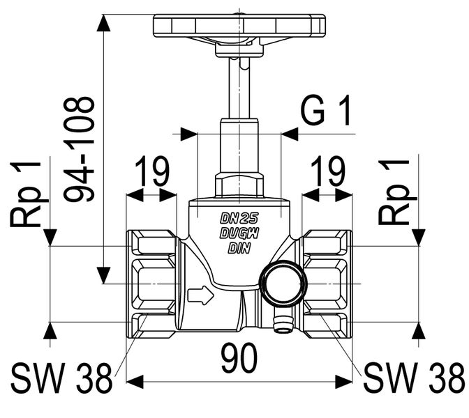 Technische Zeichnung eines Ventils mit Maßangaben: DN 25, G 1, Rp 1, Baulänge 90 Millimeter, Höhe 94 bis 108 Millimeter und Schlüsselweite 38.