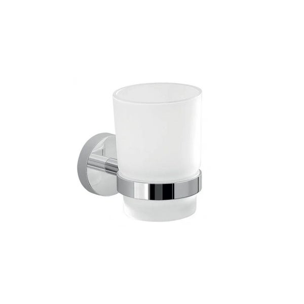 Wandmontierter Zahnputzbecher aus satiniertem Glas mit verchromter Halterung.