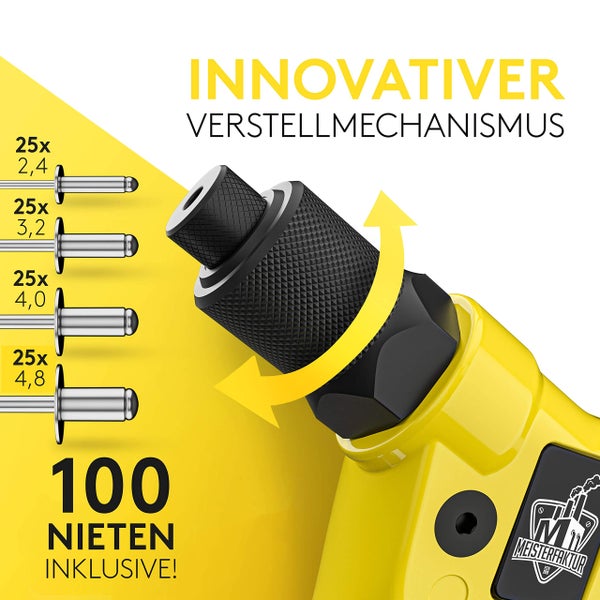 Blindnietzange mit innovativem Verstellmechanismus, inklusive 100 Nieten in vier verschiedenen Größen und Meisterfaktur Logo.