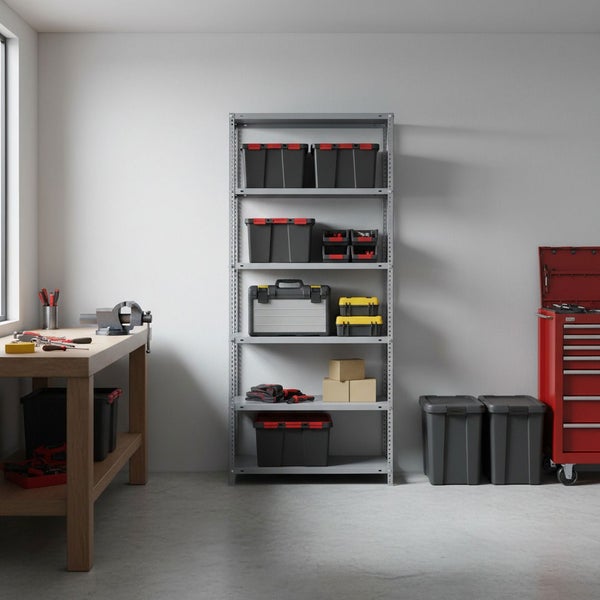 Helle, organisierte Werkstatt mit Metallregal, Holzwerkbank mit Schraubstock, Werkstattwagen und diversen Aufbewahrungsboxen aus Kunststoff.