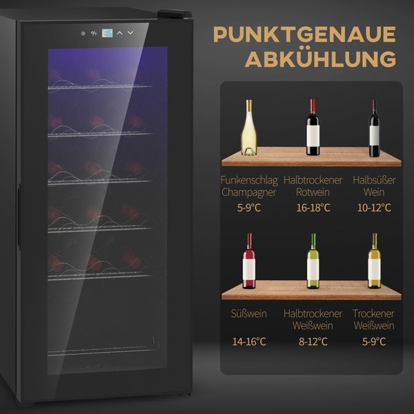 Schwarzer Weinkühlschrank mit Glastür und digitaler Anzeige sowie Empfehlungen für Trinktemperaturen von 5 bis 18 Grad für verschiedene Weinsorten.