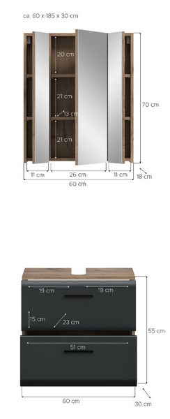 Maßskizze für Badezimmermöbel circa 60 mal 185 mal 30 Zentimeter: Spiegelschrank und Waschbeckenunterschrank in Holzoptik und Anthrazit.