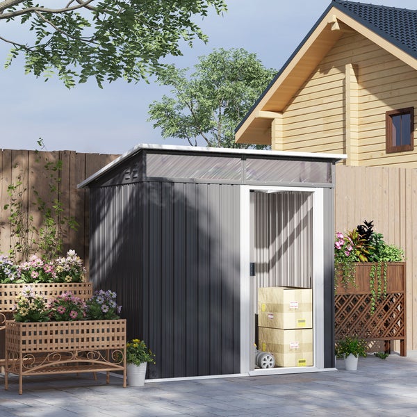Outsunny Metall Gerätehaus 1,9m² 195x122x182cm Geräteschuppen mit Fundament Pultdach Fenster Schiebetür Haken Handschuhe wetterfest Gartenhaus Outdoor Garten Schuppen für Hinterhof Garten Dunkelgrau