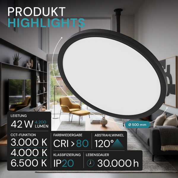 Runde LED-Deckenleuchte: 500 Millimeter Durchmesser, 42 Watt, 4200 Lumen, 3000 bis 6500 Kelvin, Abstrahlwinkel 120 Grad, Lebensdauer 30000 Stunden.