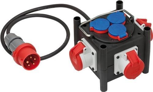 Baustellenverteiler mit Stecker und mehreren Steckdosen