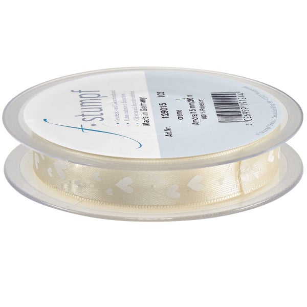 Schleifenband Creme mit Herzmuster auf Spule, 15 mm breit, 20 m lang, aus Polyester
