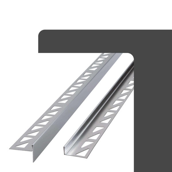 Eckschutzprofil und Abschlussprofil aus Metall mit dreieckigen Ausstanzungen für Fliesen.