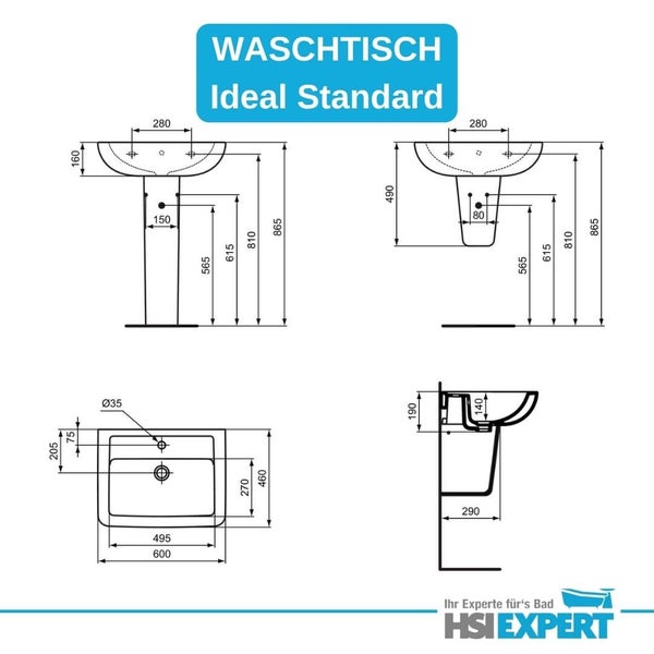 Technische Zeichnung Waschbecken von Ideal Standard mit Maßangaben