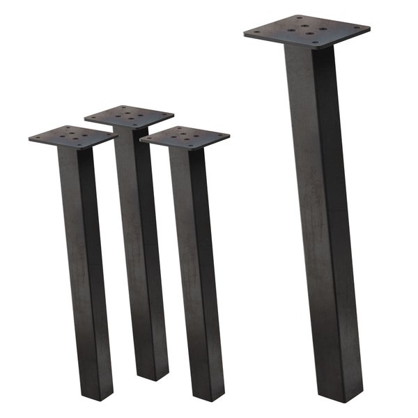 Vier Tischbeine aus Metall im Industrie-Stil, quadratisches Profil, dunkle Oberfläche, mit Montageplatte und Bohrlöchern für Schrauben.