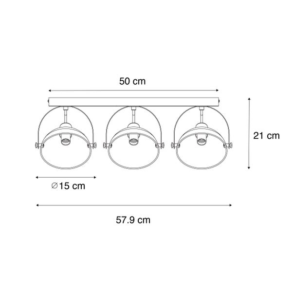 Technische Zeichnung einer Deckenleuchte mit drei Strahlern und Maßangaben