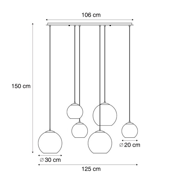 Technische Zeichnung einer Pendelleuchte mit mehreren Glaskugeln und Maßangaben