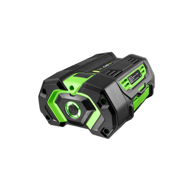 EGO Power Plus 56 Volt Lithium-Ionen-Akku mit grüner Leuchtanzeige und Gehäuse in Schwarz und Grün.