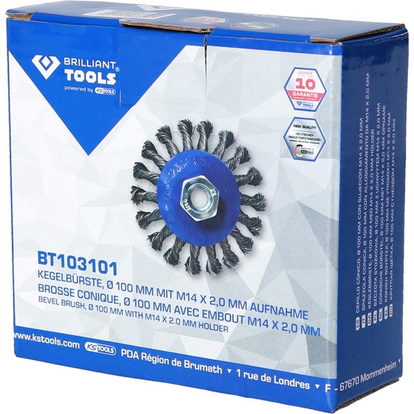 Brilliant Tools Kegelbürste, 100 Millimeter mit M14 x 2,0 Millimeter Aufnahme in der Verpackung