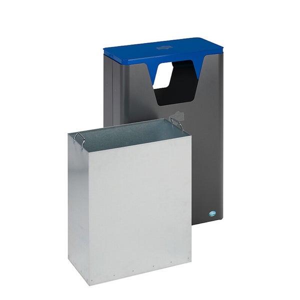 Müllsammler aus Stahl mit blauem Einwurf und herausnehmbarem Innenbehälter aus verzinktem Blech.