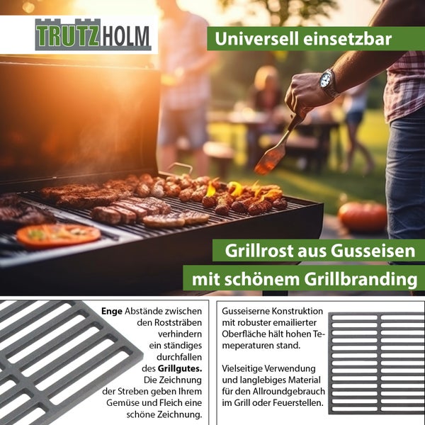 Trutzholm Grillrost aus emailliertem Gusseisen für Grills und Feuerstellen mit engem Stababstand für optimale Hitzeverteilung und Branding.