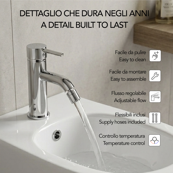 Verchromte Bidet-Armatur mit Wasserstrahl in weißem Bidet, Symbole für Reinigung, Montage, Durchfluss, Schläuche und Temperaturregelung.