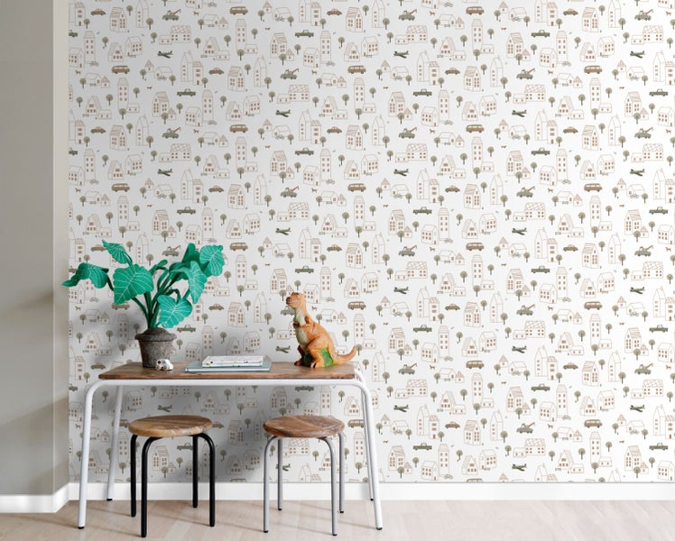 Szene mit einer Wandtapete mit Stadtmotiv, einem Tisch, zwei Hockern, einer Pflanze und einer Dinosaurierfigur.