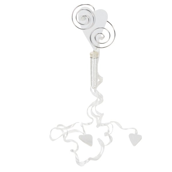 Weiße Herz-Dekoration mit Metallspiralen, Reagenzglas und Satinbändern für Hochzeiten.