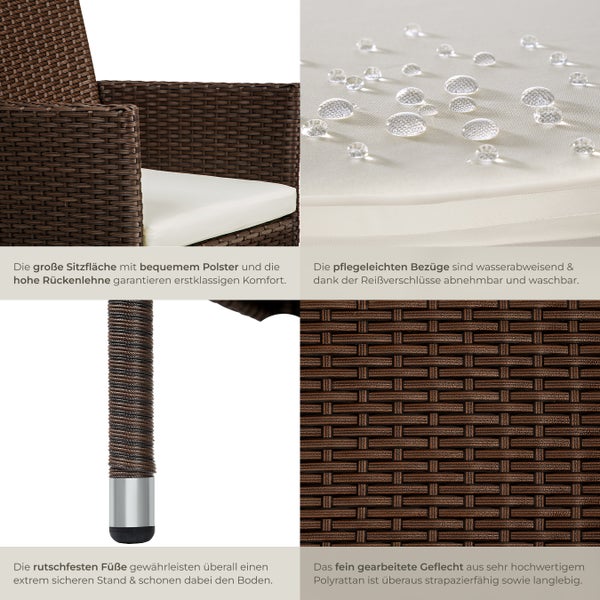 Details eines Gartenmöbelsets aus Polyrattan mit Sitzfläche, wasserabweisenden Bezügen, rutschfesten Füßen und feinem Geflecht
