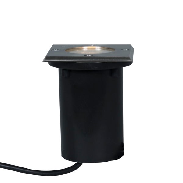 Quadratischer Bodeneinbaustrahler für den Außenbereich mit Metallabdeckung und schwarzem Gehäuse.