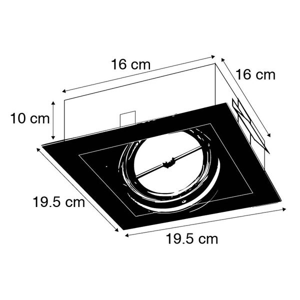 Technische Zeichnung eines quadratischen Ablüfters mit Maßen: 19,5 mal 19,5 Zentimeter, Einbaumaß 16 mal 16 Zentimeter und Tiefe 10 Zentimeter.