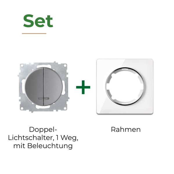 Set aus Doppellichtschalter mit Beleuchtung und passendem Rahmen