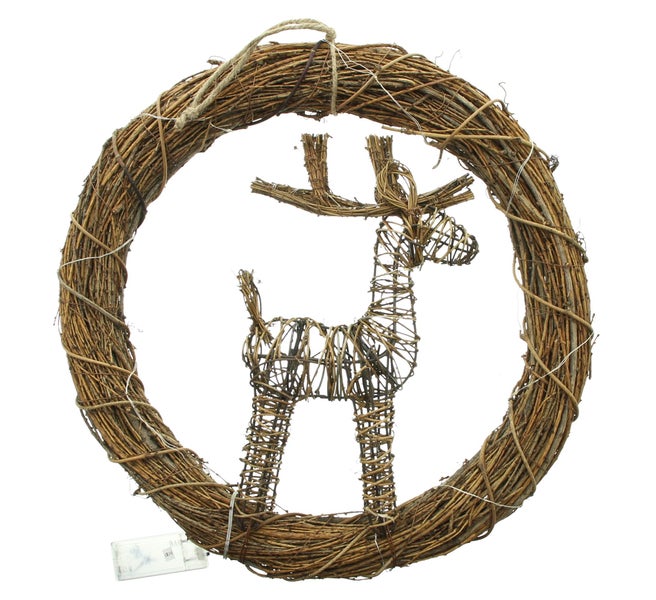 FRANK FLECHTWAREN | LED-Kranz Rentier, Ø 44 cm, HOLZ, METALL, KUNSTSTOFF, JUTE