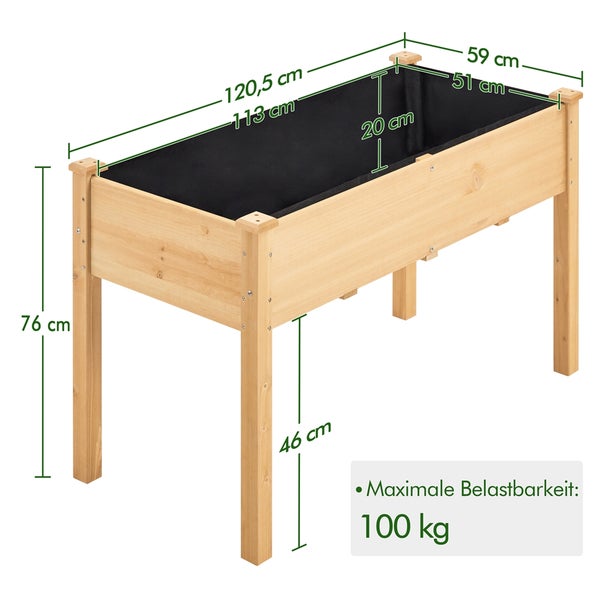 Abmessungen des Hochbeets aus Holz: 120,5 x 59 x 76 cm, maximale Belastbarkeit 100 kg