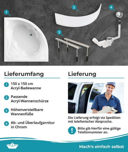 Calmwaters® Eckbadewanne Komplettset 150x150 cm Curved Wellness, Made in EU, 4in1 Acryl-Wanne mit Schürze, Wannenfüßen & Ablaufgarnitur, Duowanne mit integriertem Sitz, Eckwanne 150 x 150, Weiß