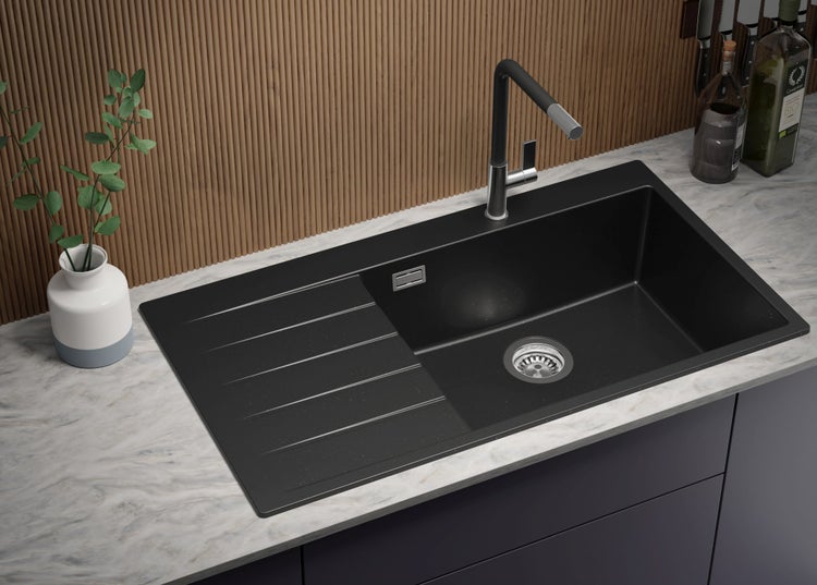 PRIMAGRAN Granitspüle Weiß 46x47cm, Spülbecken 1 Becken + Küchenarmatur 40x20cm + Ablauf-Set, Küchenspüle ab 50er Unterschrank - London Slim