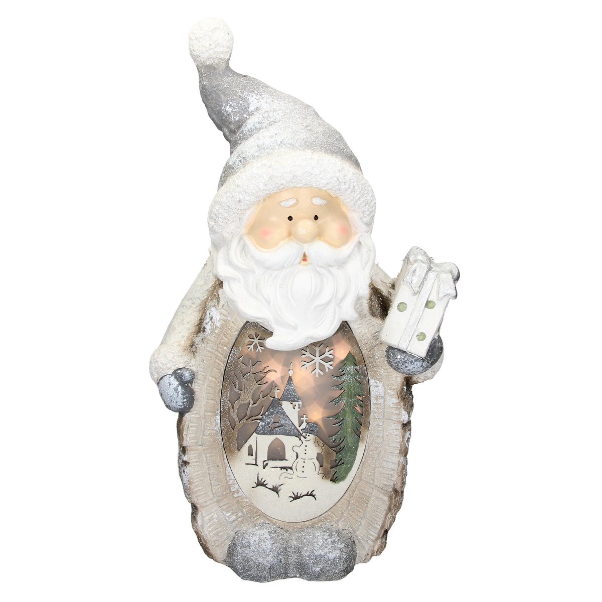 ECD Germany Weihnachtsmann Deko Figur mit LED Beleuchtung 52cm Warmweiß Weiß mit grauem Hut und Schal, Holzoptik, Batteriebetrieben, für Innen, LED-Weihnachtsdeko Weihnachtsfigur Weihnachten Tischdeko