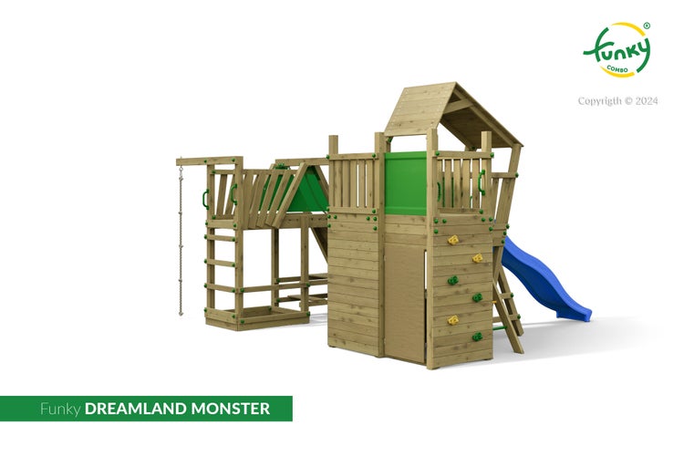 Holz-Kletterturm Funky Dreamland Monster mit blauer Rutsche, Kletterwand, Strickleiter und Sandkasten. Funky Combo Logo.