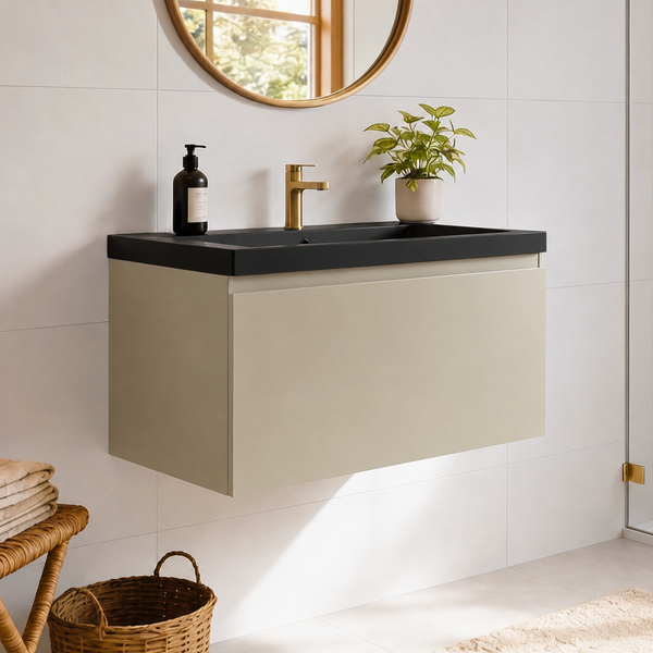 Hängender Waschtischunterschrank mit einem schwarzen Waschbecken und einer goldfarbenen Armatur vor einer hellen Fliesenwand.