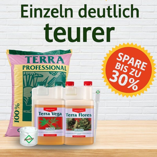 Canna Pflanzenset bestehend aus Terra Professional Erde, Terra Vega und Terra Flores Dünger, Messbecher und Pipette. Ersparnis bis zu 30 Prozent.