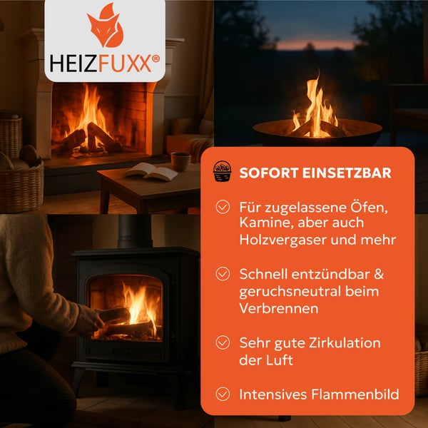 Heizfuxx Brennholz für Öfen und Kamine mit Informationen zu Anwendung und Vorteilen wie schneller Entzündung und geruchsneutraler Verbrennung.
