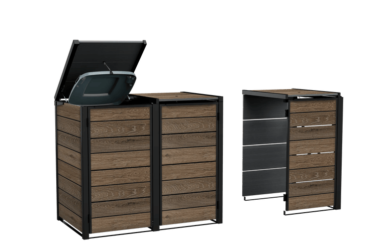 Mülltonnenbox aus Paneelen in Holzoptik mit schwarzem Metallrahmen, bestehend aus einer Doppelbox und einem Erweiterungselement, ein Deckel geöffnet.