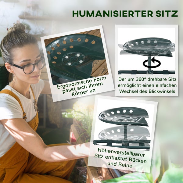 Outsunny Rollsitz Werkstattwagen mit Ablage Korb fahrbar Rollwagen drehbar Arbeitssitz Gartenrollsitz Richtung für kleine Gartengeräte Stahl Grün