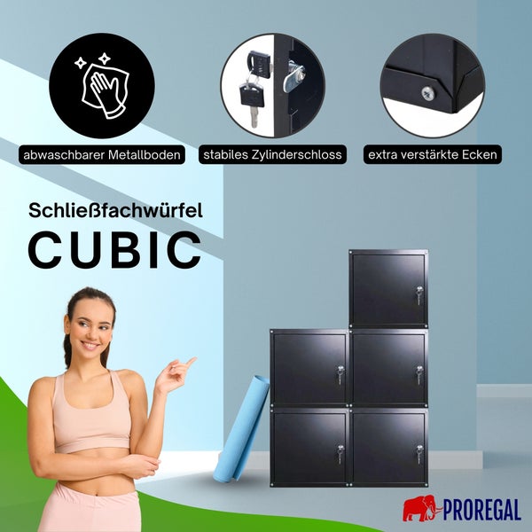 Schließfachwürfel Cubic von Proregal mit Zylinderschloss, abwaschbarem Metallboden und verstärkten Ecken. Proregal Logo.