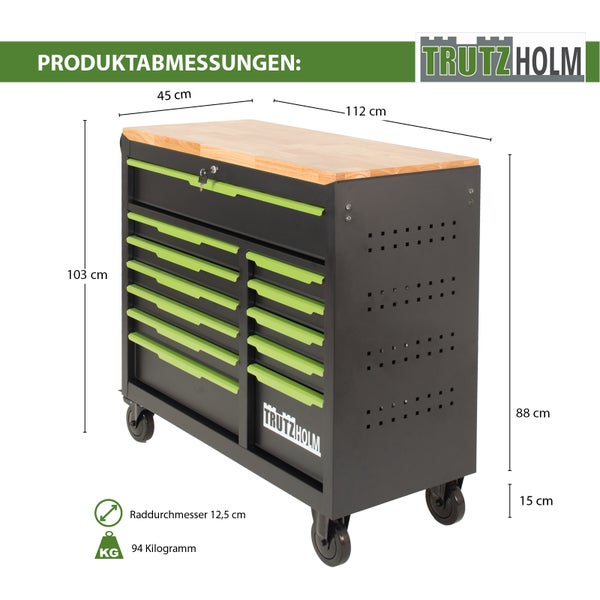 Trutzholm Werkstattwagen: Breite 112 Zentimeter, Höhe 103 Zentimeter, Tiefe 45 Zentimeter. Gewicht 94 Kilogramm. Trutzholm Logo.