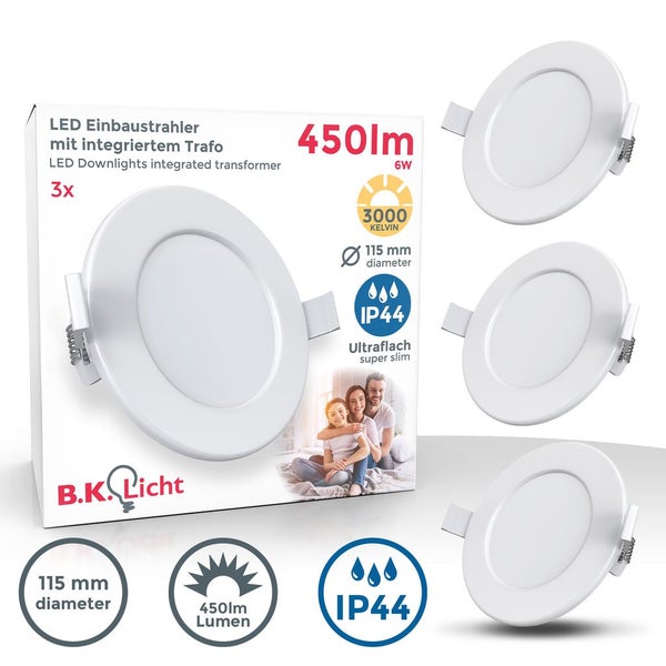 Einbauspot 100mm 3er Set - 230V, 6W, 450lm, LED, IP44, warmweiß, weiß