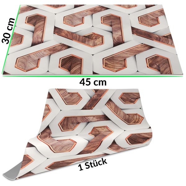 Klebefolie mit geometrischem Sechseck-Muster, Holzoptik und Kupferdetails, 30 mal 45 Zentimeter, 1 Stück.