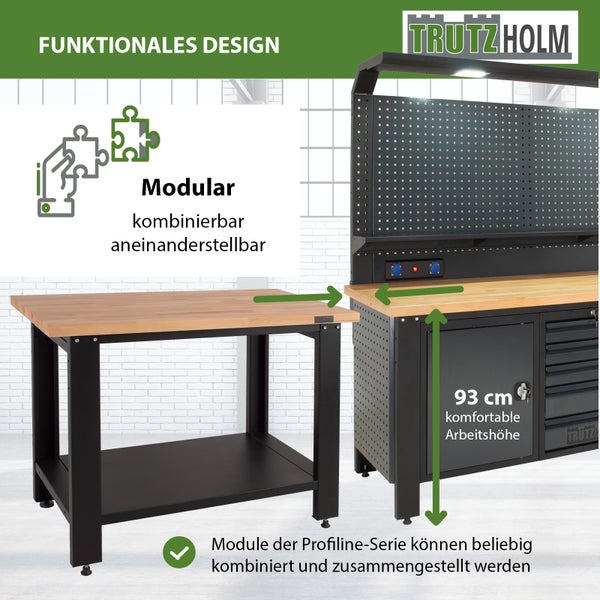 Werkbank der Profiline-Serie mit einer Höhe von 93 cm und modularem Design