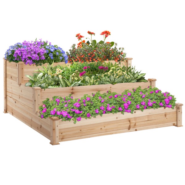 Outsunny Hochbeet 3-stufige Gartenbeet Pflanzenbeet  Kräuterbeet Blumentreppe für Balkon Garten Natur Tannenholz 124 x 124 x 56 cm