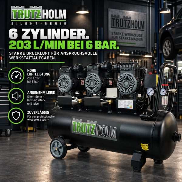 Trutzholm Silent Kompressor mit 6 Zylindern und 203 Liter pro Minute bei 6 Bar Luftleistung fuer professionelle Werkstattanwendungen.