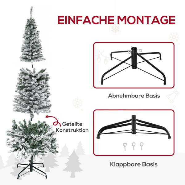 Künstlicher Weihnachtsbaum in drei Teilen mit verschneiten Zweigen und klappbarem Metallständer für eine einfache Montage.